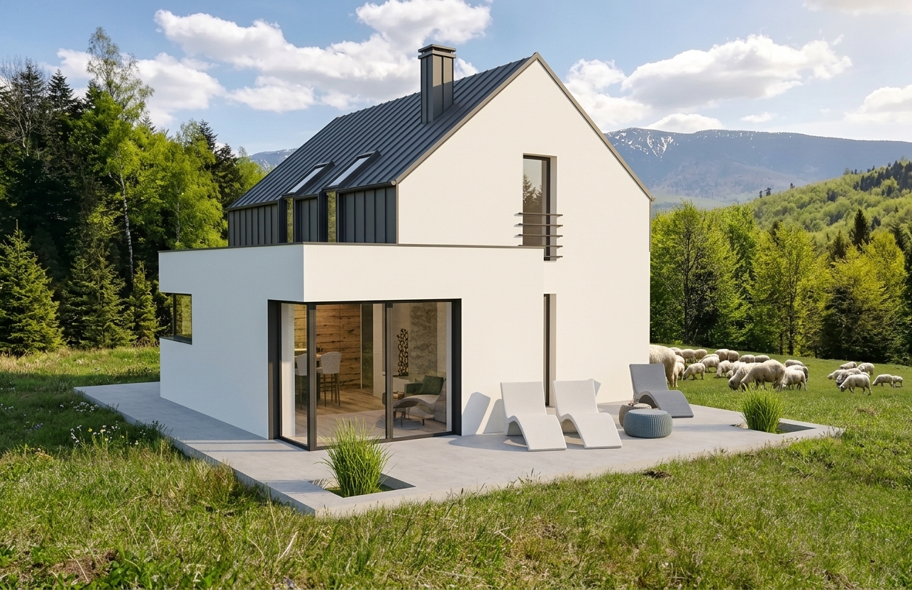 Wizualizacja budynku - Architektura budynku opiera się na zestawieniu dwóch uzupełniających się form. Główna część domu została przykryta dachem dwuspadowym, który nawiązuje do tradycyjnej zabudowy górskiej i lokalnych wzorców architektonicznych.