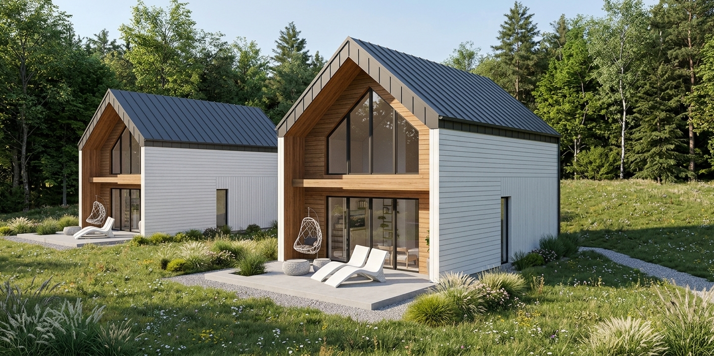 Wizualizacja - Architektura budynków jest oszczędna i ponadczasowa. Proste bryły przykryte dwuspadowymi dachami nawiązują do tradycyjnych form regionalnych.