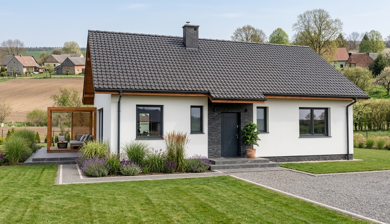 Wizualizacja - Architektura domu opiera się na prostej, zwartej bryle, która pozwala ograniczyć koszty realizacji oraz późniejszej eksploatacji.